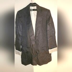 Zara Women's Linen Oversized Boyfriend Charcoal Grey Lined Open Blazer Size XS